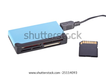 Multimedia card reader and SDHC card, isolated on white background. Shallow depth of field