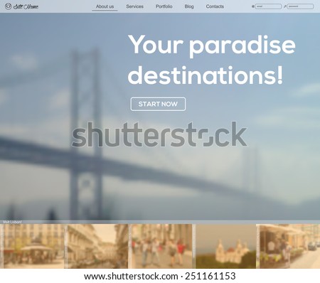 Website template, travel guide, Portfolio web page or web shop. Vector blurred backgrounds. 