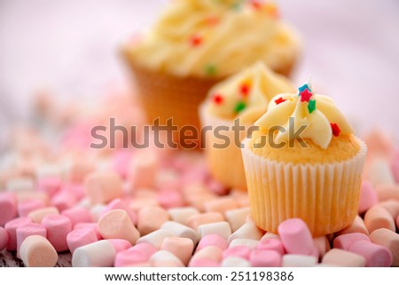 Waiting for birthday party. Side view image of cupcakes surrounded by marshmallow on wooden table