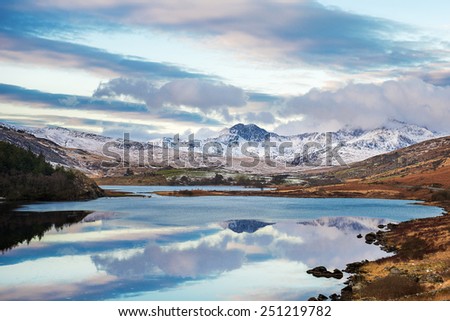 Snowdonia mountains in winter 2014\2015, in evening. Royalty-Free Stock Photo #251219782