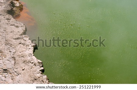 Detail of unique steaming spring champagne pool in Wai-O-Tapu geothermal area, Rotorua, New Zealand 