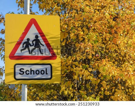 School warning sign on the yellow background of autumn leaves.