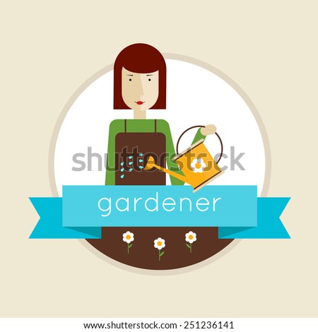 Gardener girl character holding watering, watering plants. Man planting flowers. Isolated label. Vector illustration in modern flat style. Flower shop. Florist.