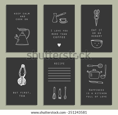 Six cute and funny cards.Kitchenware. Doodle set. Vector