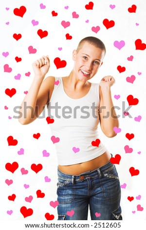 young woman jumping surrounded by rendered hearts