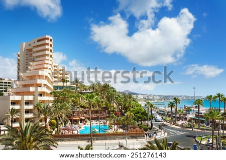 Cityscape of resort town Playa del Ingles. Maspalomas. Gran Canaria. Royalty-Free Stock Photo #251276143