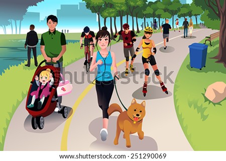 A vector illustration of people in a park doing activities