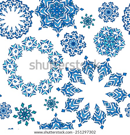 Seamless pattern with hand drawn blue snowflakes on white background. Clipping mask is used, vector illustration.