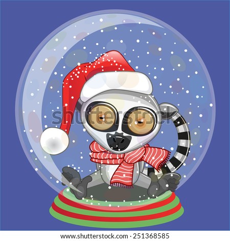 Christmas illustration of cartoon Lemur in a Santa's hat in a glass bowl 