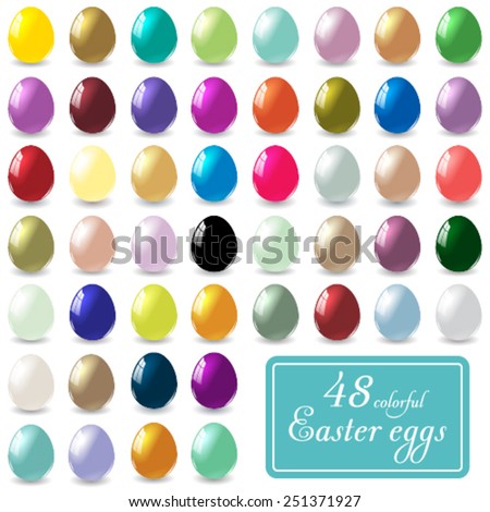 Vector set of 48 different colored Easter eggs on a white background.