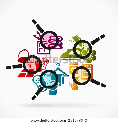 Abstract illustration of house cleaning . Colorful housekeeping icons and magnifier glass