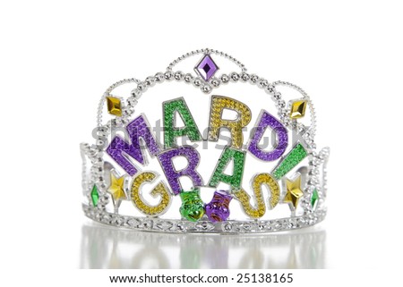 A colorful Mardi Gras crown on a white background with copy space