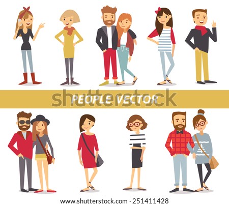 Big set group of diverse flat cartoon characters style young people couples in different poses standing together isolated on white background. Crowd people. Casualy looking dressed men women. Vector.