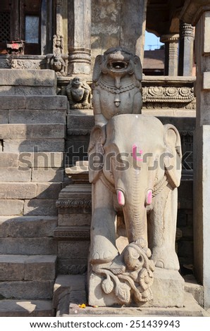 Statue of guarding elephants in Bhaktapur Durbar Square is an ancient Newar city in the east corner of the Kathmandu Valley, Nepal 