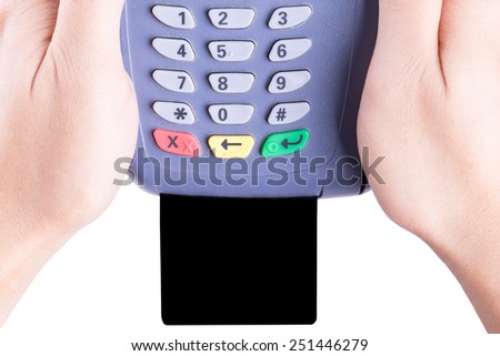 Hand Holding Credit Card Machine Isolated On White Background