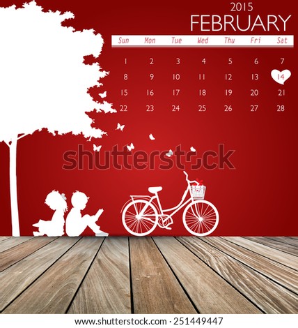 Valentines day. 2015 Calendar February. Vector illustration.
