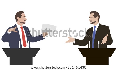 The debate the speakers. Rhetoric and disputes between the parties. Negotiations. Image. Vector. Icon. 