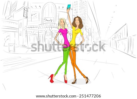 couple girls friends taking self photo picture with cell phone, young woman happy smiling in camera street city view draw sketch shops buildings, vector illustration
