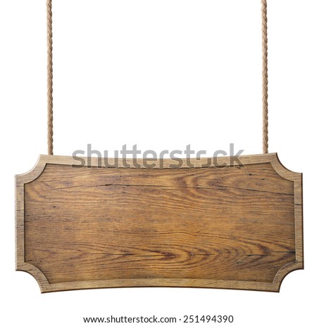 wood sign hanging on rope isolated on white background