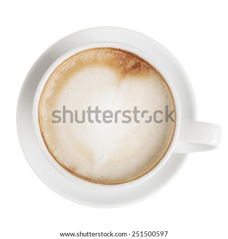 Cappuccino cup with saucer isolated on white with clipping path. Top view Royalty-Free Stock Photo #251500597