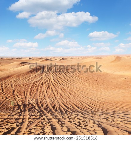 Tracks of cars on the sand in the desert.