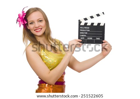 Young woman with movie board isolated on white