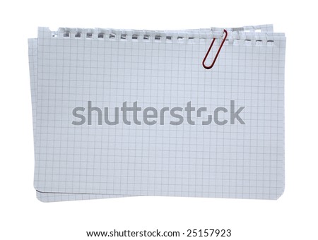 Checked note paper stacked with red clip isolated on white background