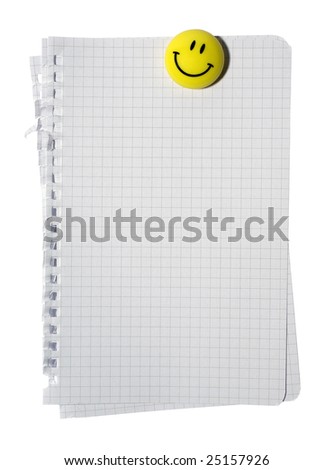Stack of checked note paper and yellow smiling magnet isolated on white background. Clipping path.