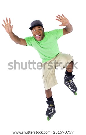 young black adult learning to balance on rollerblade skates