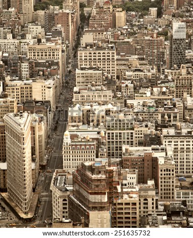 Filtered aerial view of the streets of New York City including the Flatiron building 