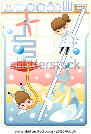 Science Room - female and male Scientist work, examine with laboratory equipment and liquid sample in chemical research lab on white background with square pattern of dotted line : vector illustration