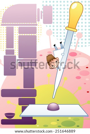Science Room - Cute young male Scientist examine with laboratory equipment and big yellow dropper in the chemical research lab on white background with dot and flu virus pattern : vector illustration