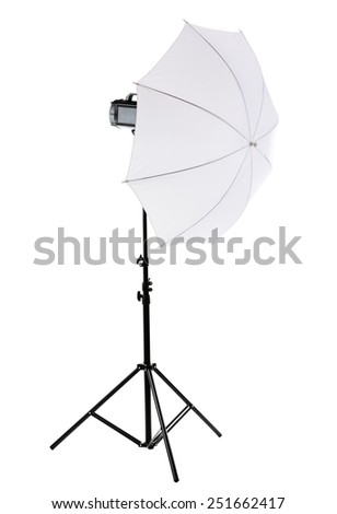 Studio flash with umbrella isolated on white