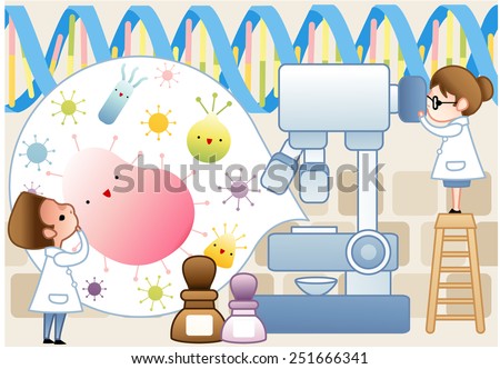 Science Room - female and male Scientist examine with optical microscope and flu virus sample in the chemical research laboratory on brown background with dna spiral pattern : vector illustration