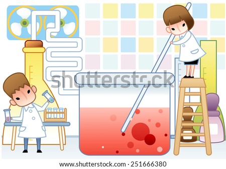 Cute young female and male Scientist examine with laboratory equipment and red liquid sample in the chemical research lab on white background with colorful square pattern : vector illustration