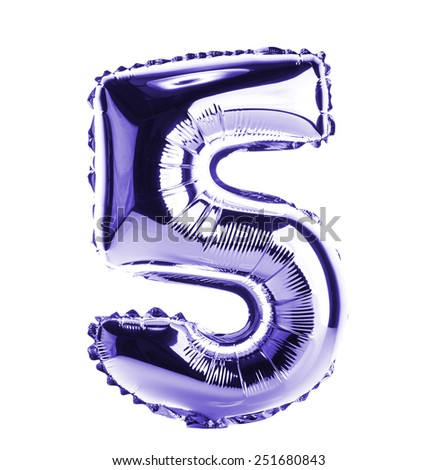 Purple Chrome balloon font part of full set of numbers, number five, 5