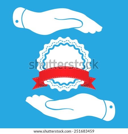 two hands with badge with red ribbon icon - vector illustration