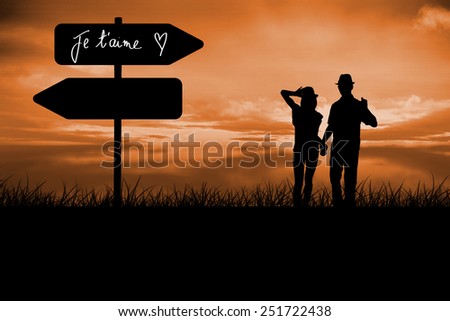 Composite image of happy couple walking holding hands against sun set