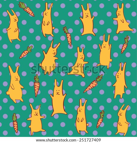 Easter background. Vector set of colorful rabbits and carrots at polka dot background.