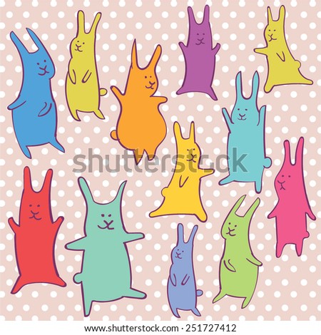 Vector set of colorful rabbits on polka dot background.