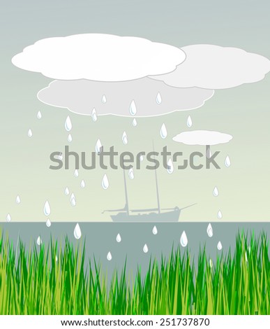 A sailboat is out at sea, it rains and there is green grass in the foreground.