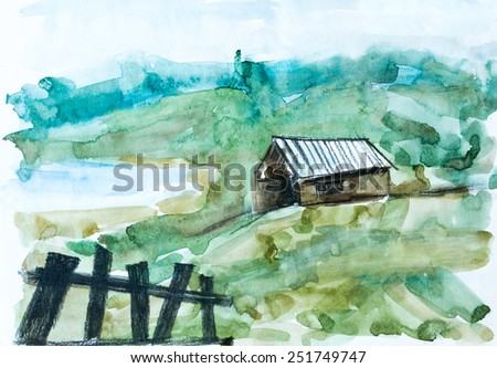 Old house in green forest, watercolor painting for your design