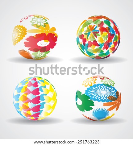 Set of abstract colorful planet icons. Autumn Elements for Your Design. Butterflies. Flowers.  Vector illustration. 