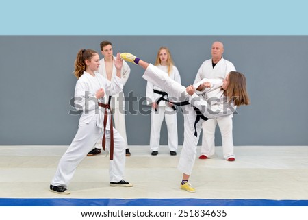 The old karate master martial procedure shows a group of young, beautiful and successful fighters