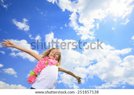 A Little Blond Girl Fly High with sky on the background