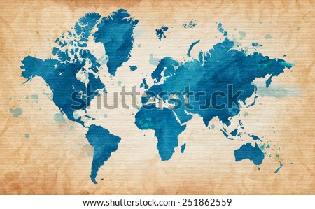 Vector Illustrated map of the world with a textured background and watercolor spots. Grunge background.
