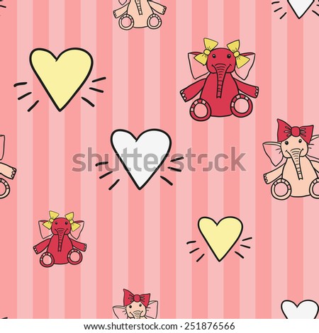 Funny cute new born welcome baby girl toy, white, yellow vector seamless pattern on striped pink background. Set of isolated elements. Chess grid order pattern.