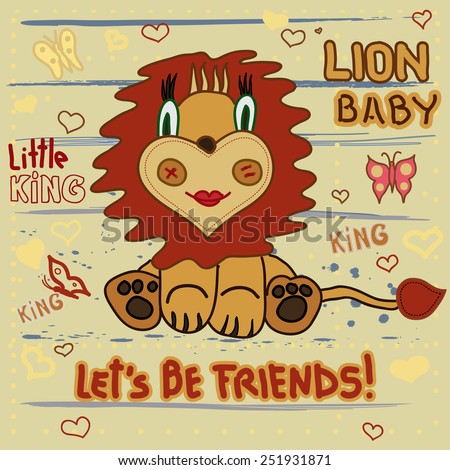 Cute Lion. Little Lion baby child's drawing by hand on a striped background with heart and butterflies - vector illustration