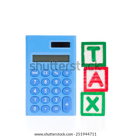 Calculator made from blue plastic with Tax block isolated on white background