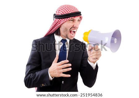 Arab yelling with loudspeaker isolated on white Royalty-Free Stock Photo #251954836